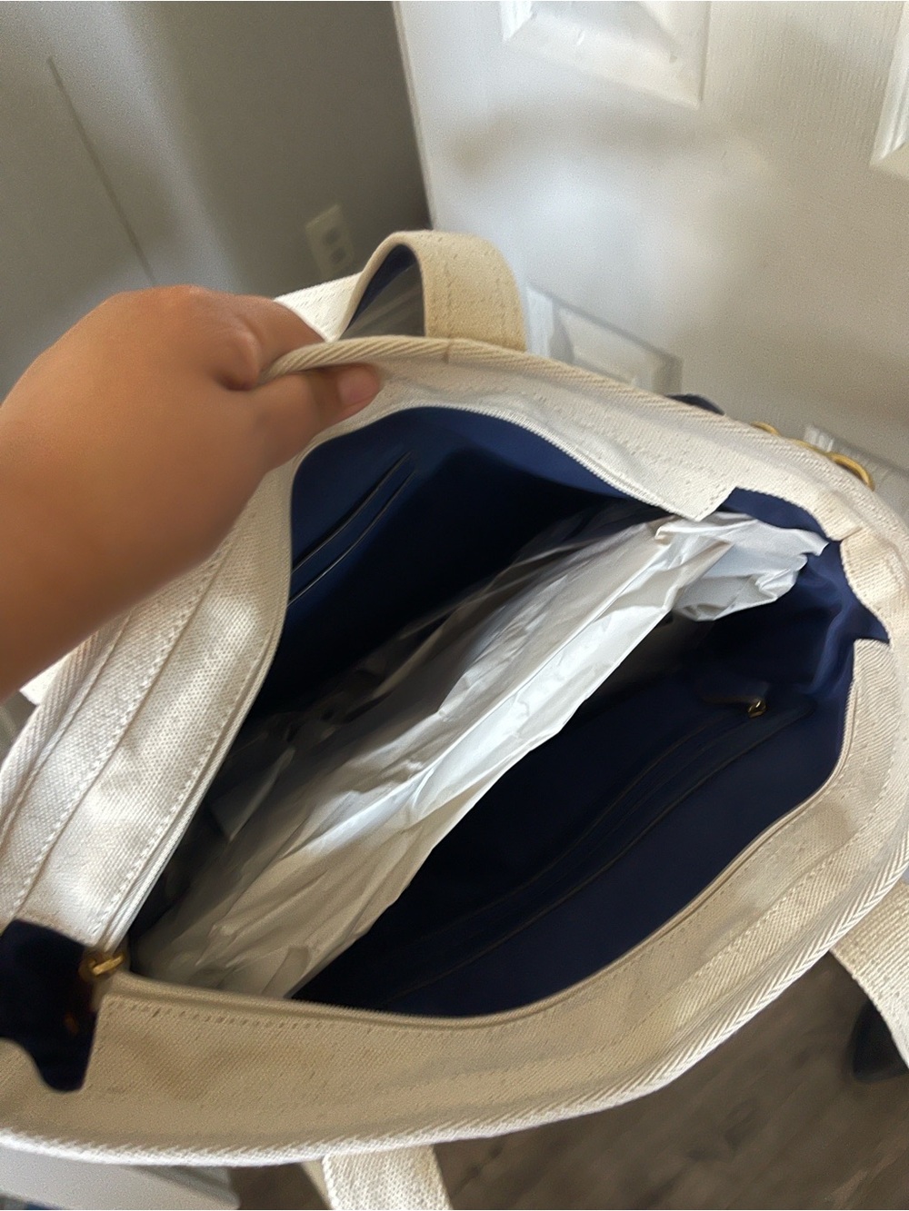 Cream Canvas Tote with Navy Interior